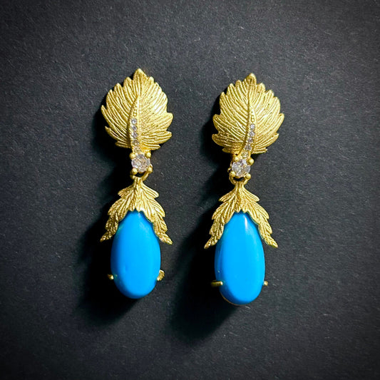 Gold Leaf, Rhinestones & Turquoise Teardrop Earrings