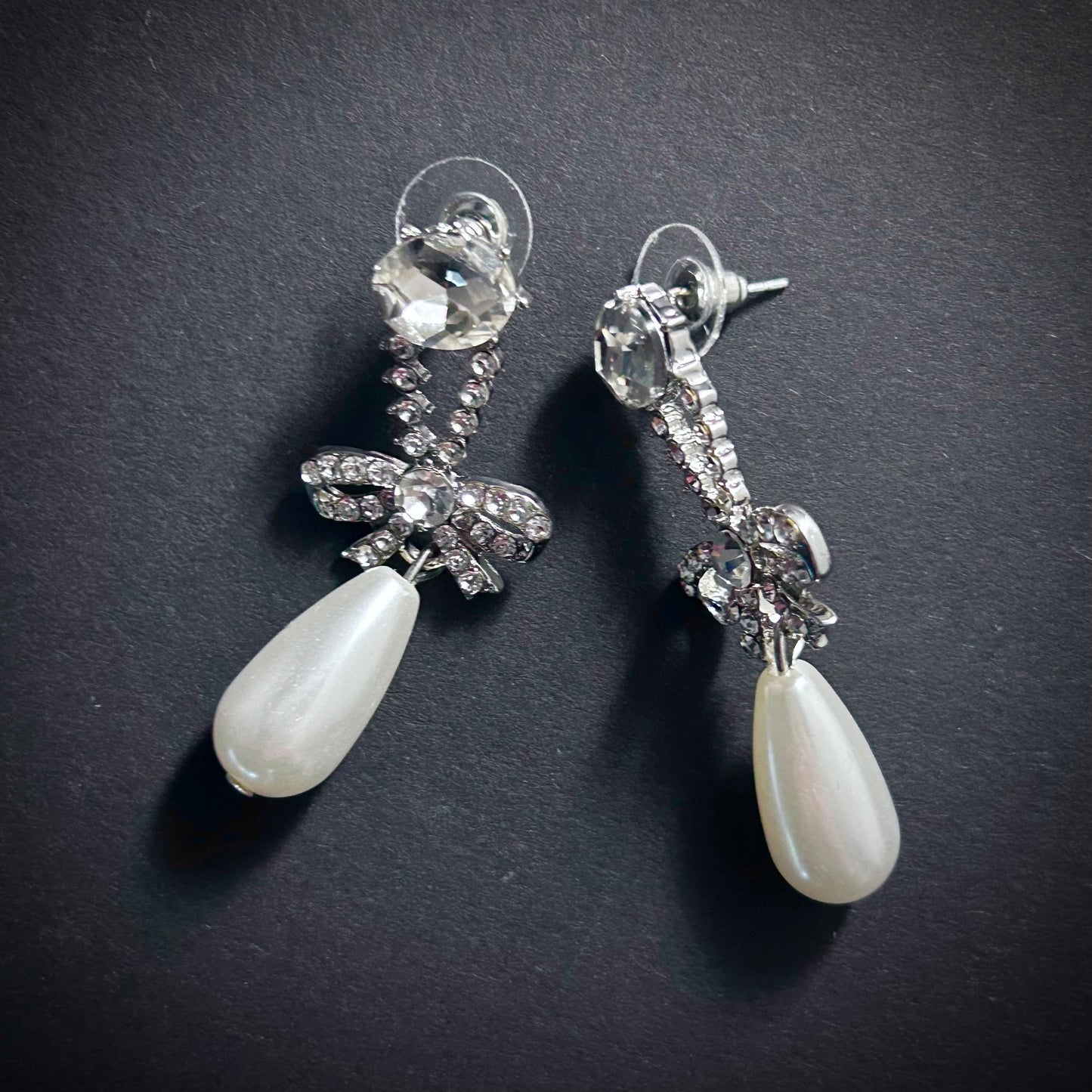 Rhinestone Bow & White Pearl Earrings