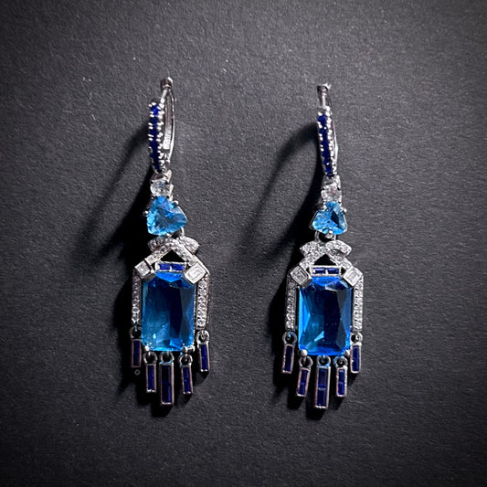 Art Deco Earrings in Aquamarine, Sapphire & Silver