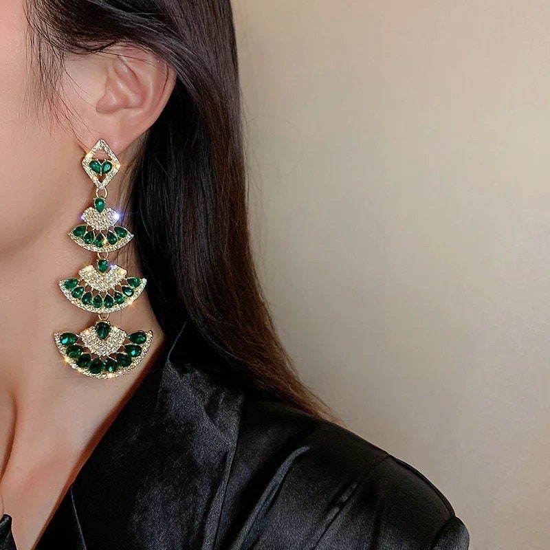 Emerald & Gold Multi-Level Fan Earrings