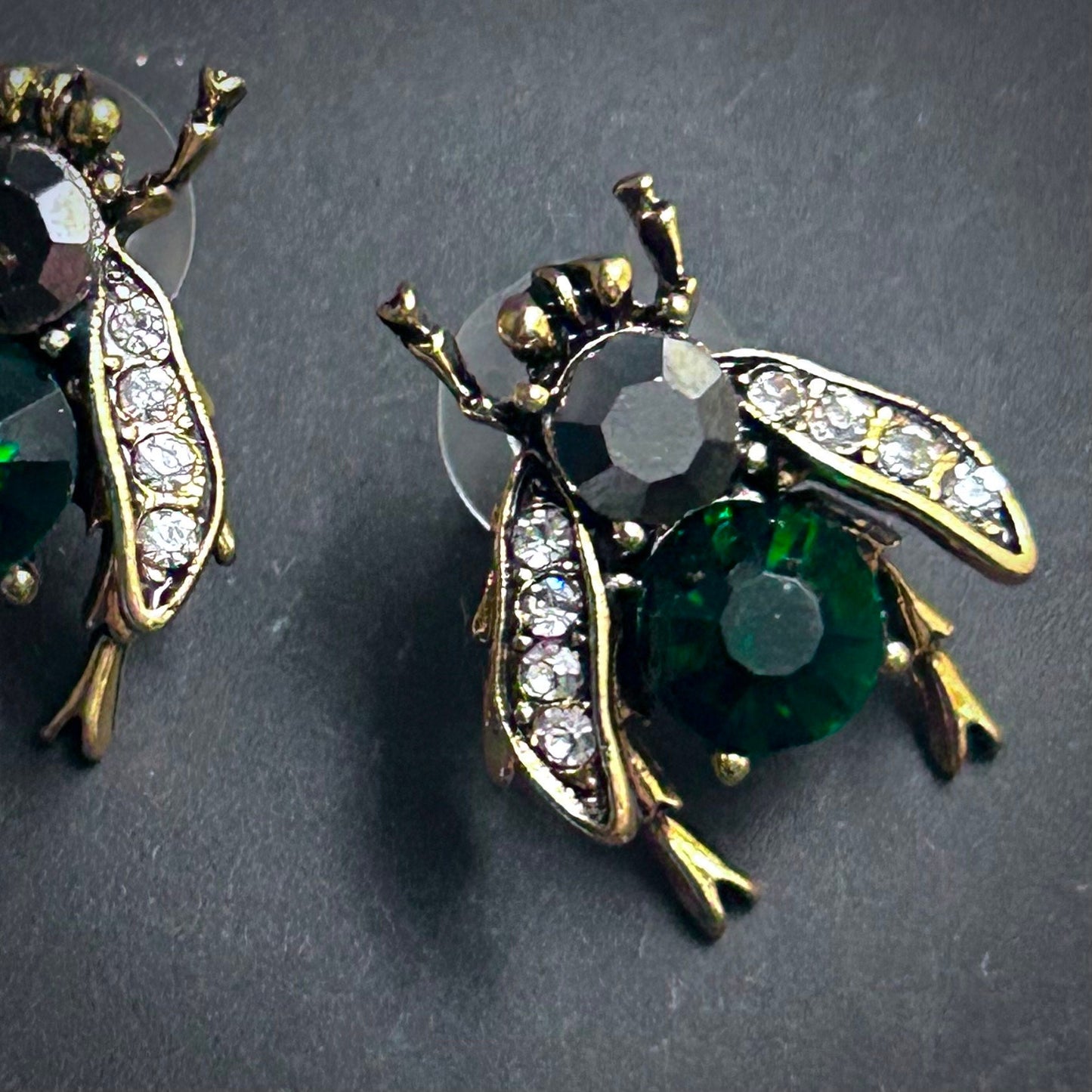 Bee Studs with Emerald Crystals & Clear Rhinestones in Antique Gold