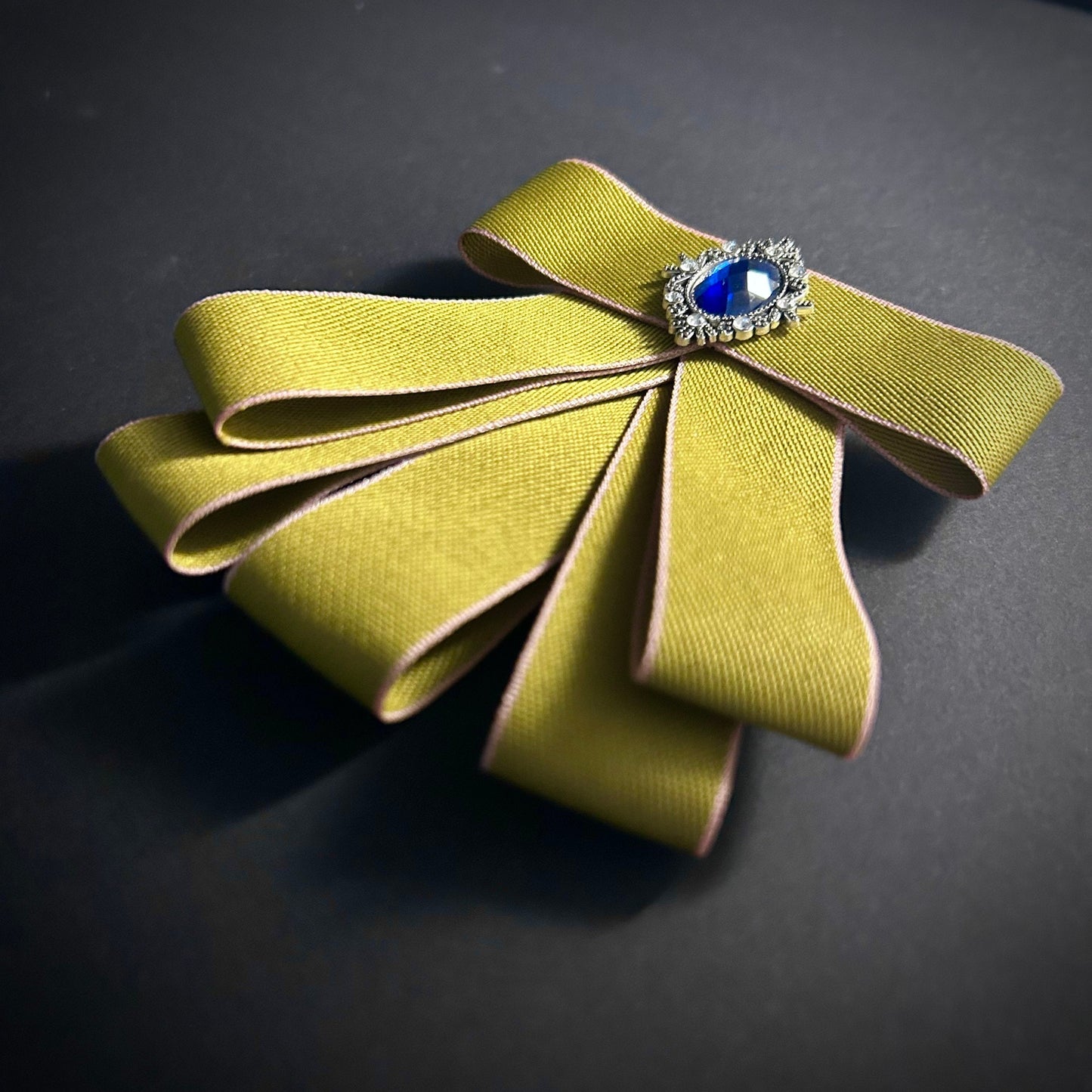 Olive Green Grosgrain Ribbon & Blue Crystal Pre-Tied Bow Brooch