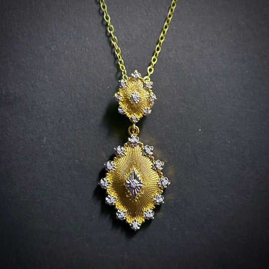 Etched Gold & Clear Rhinestone Pendant Necklace