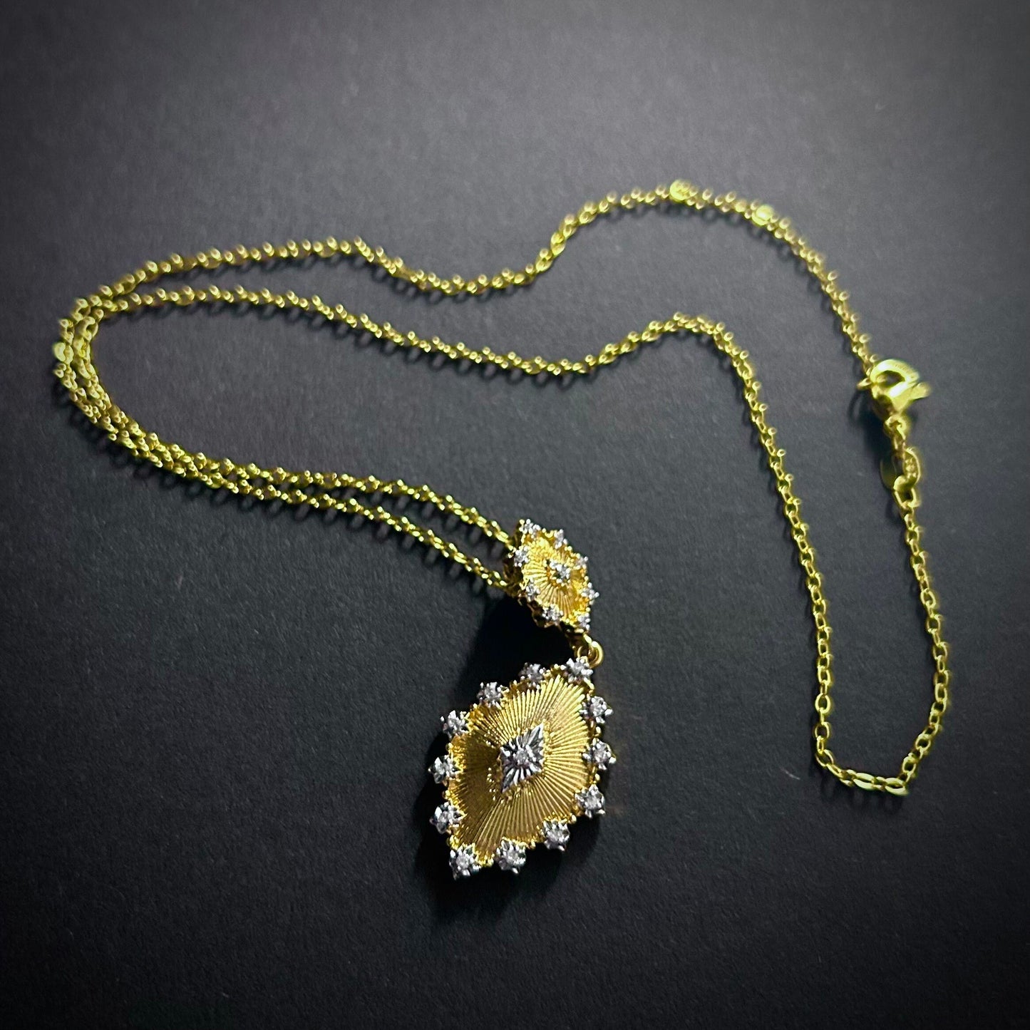 Etched Gold & Clear Rhinestone Pendant Necklace