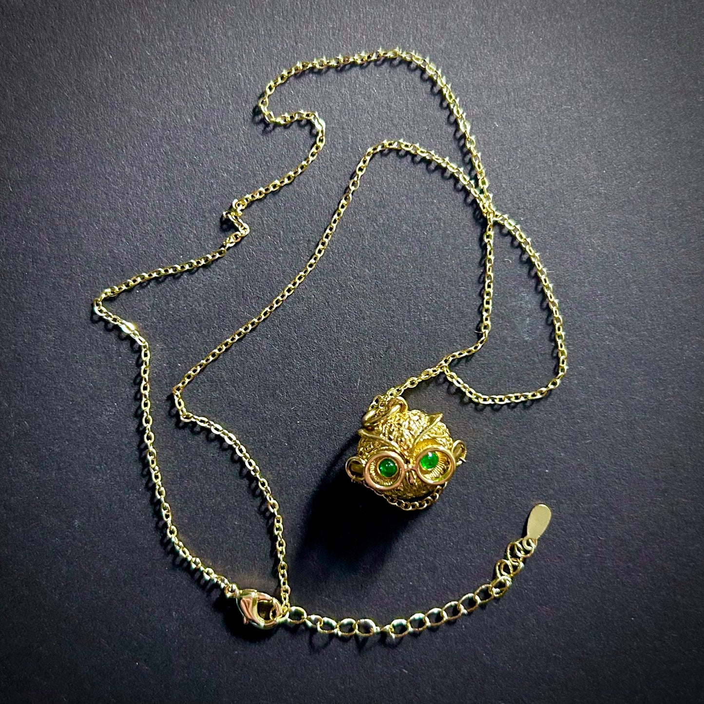 Professor Owl Gold & Emerald Pendant Necklace