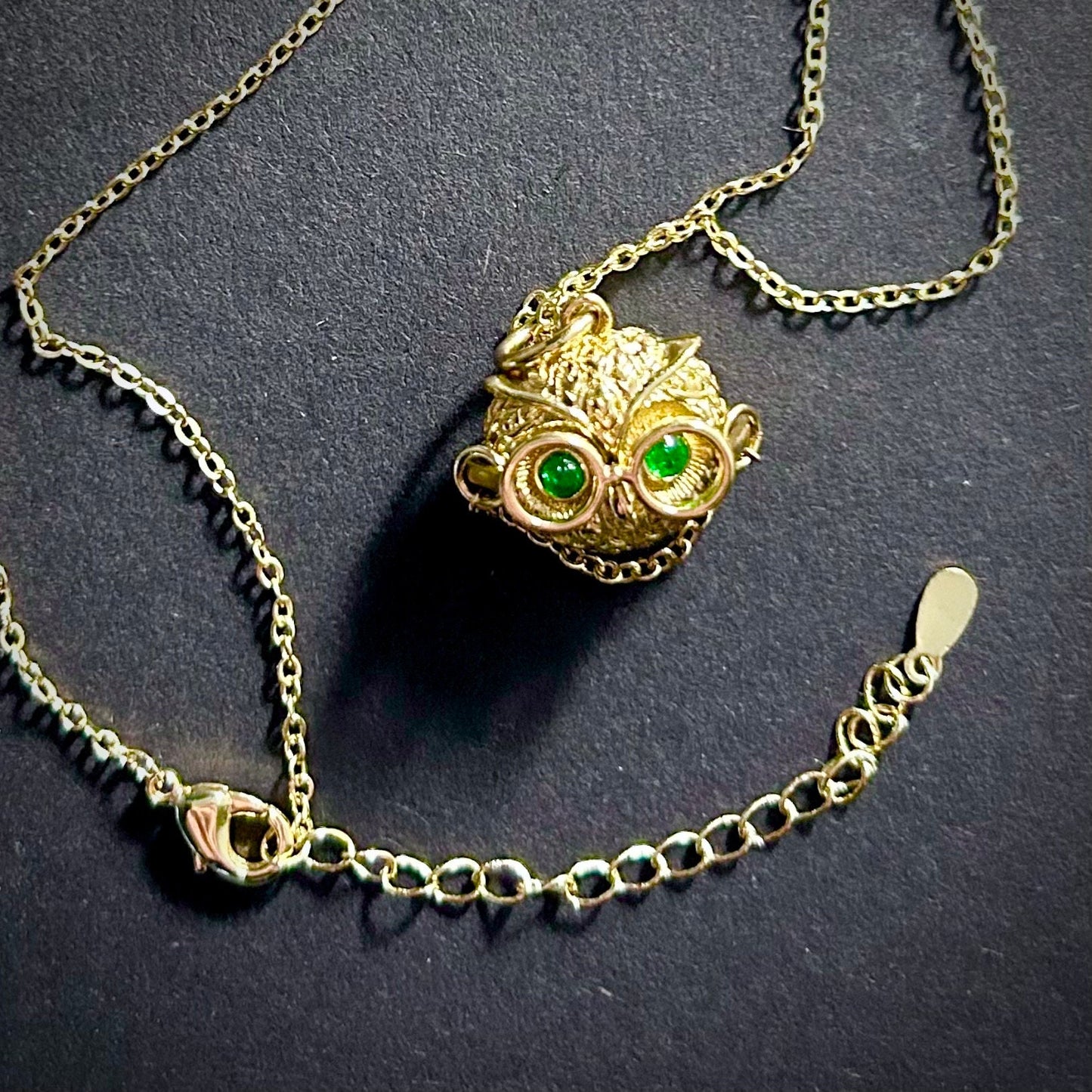 Professor Owl Gold & Emerald Pendant Necklace