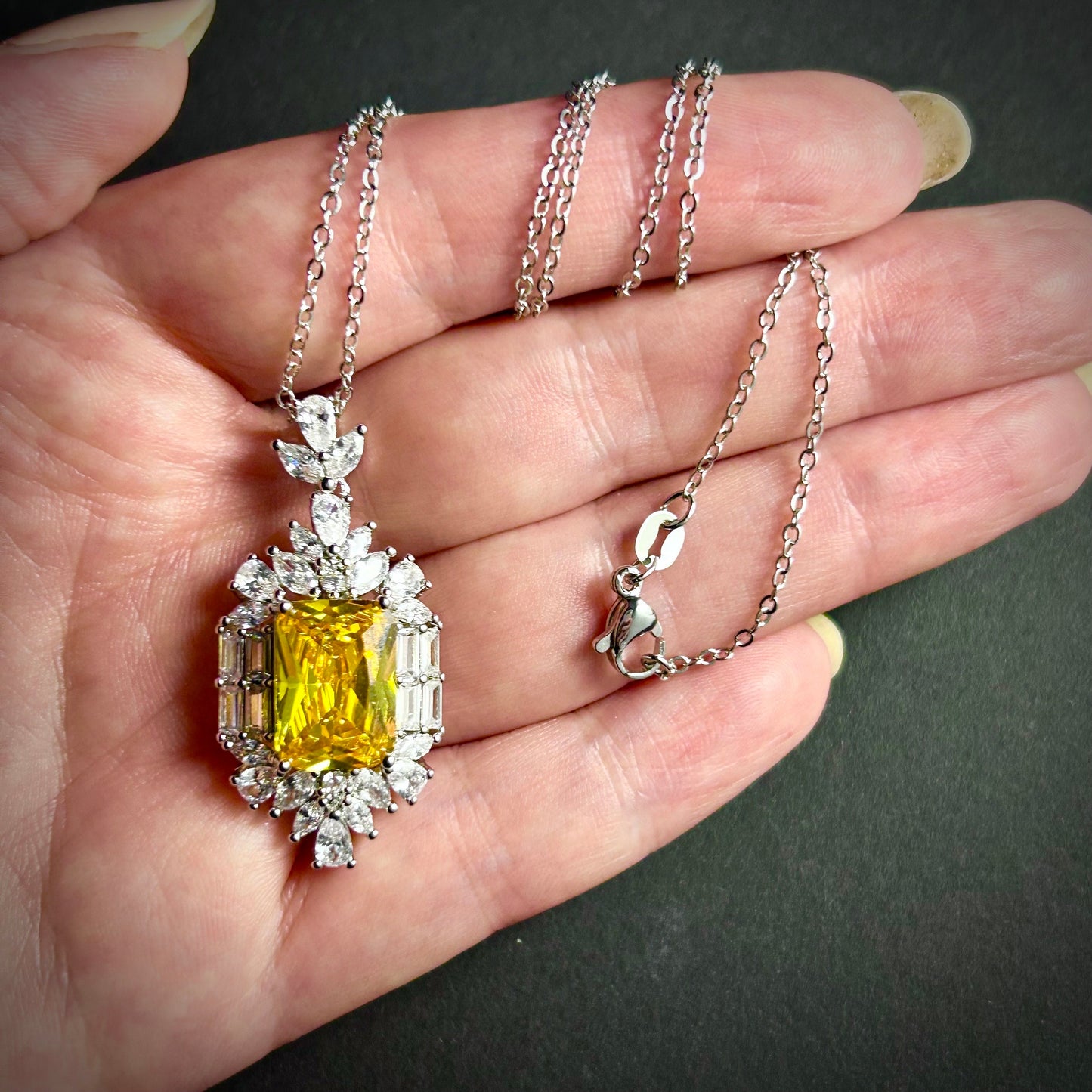 Citrine Rectangle & Clear Pendant Necklace