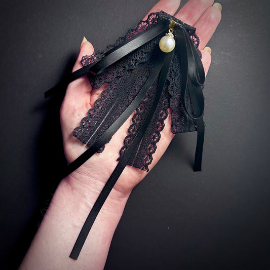 Victorian Satin, Lace & White Pearl Black Pre-Tied Bow Ribbon Brooch