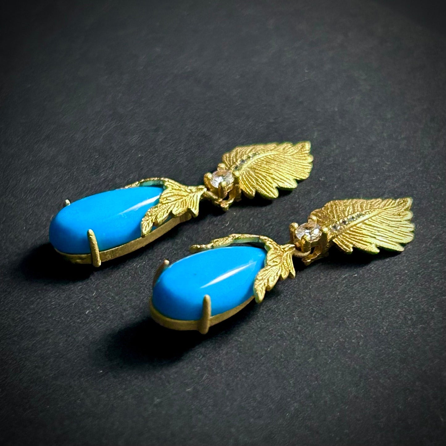 Gold Leaf, Rhinestones & Turquoise Teardrop Earrings