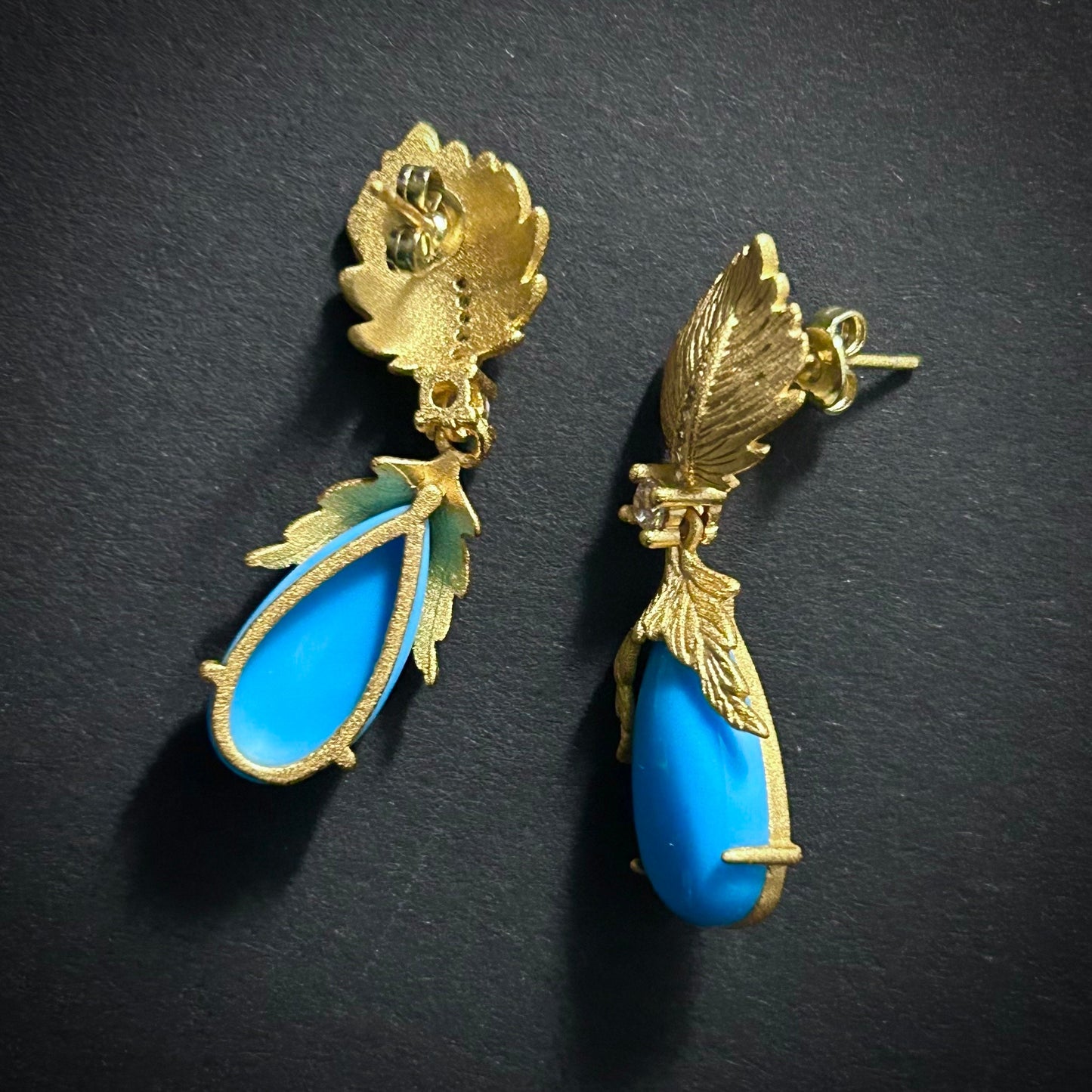 Gold Leaf, Rhinestones & Turquoise Teardrop Earrings