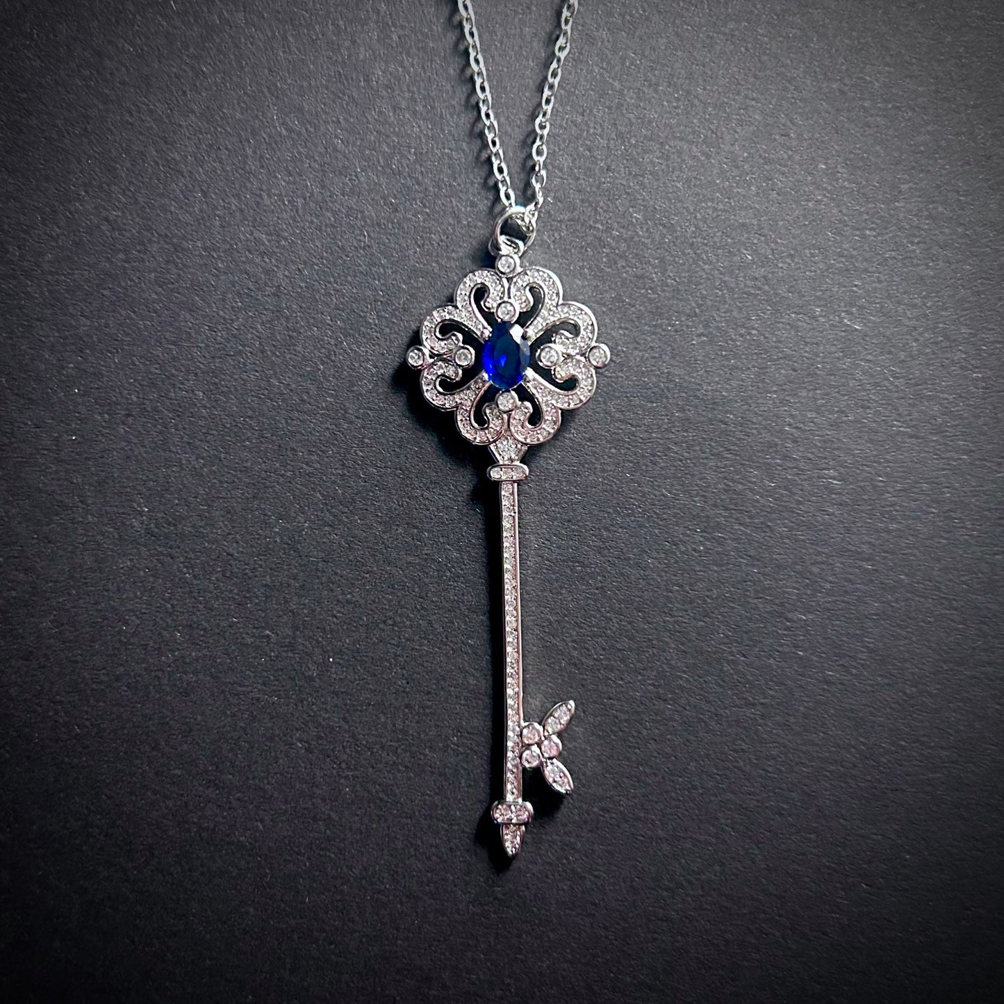 Key Pendant Necklace in Sapphire Blue & Silver