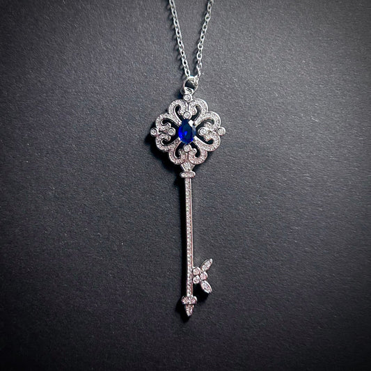 Key Pendant Necklace in Sapphire Blue & Silver