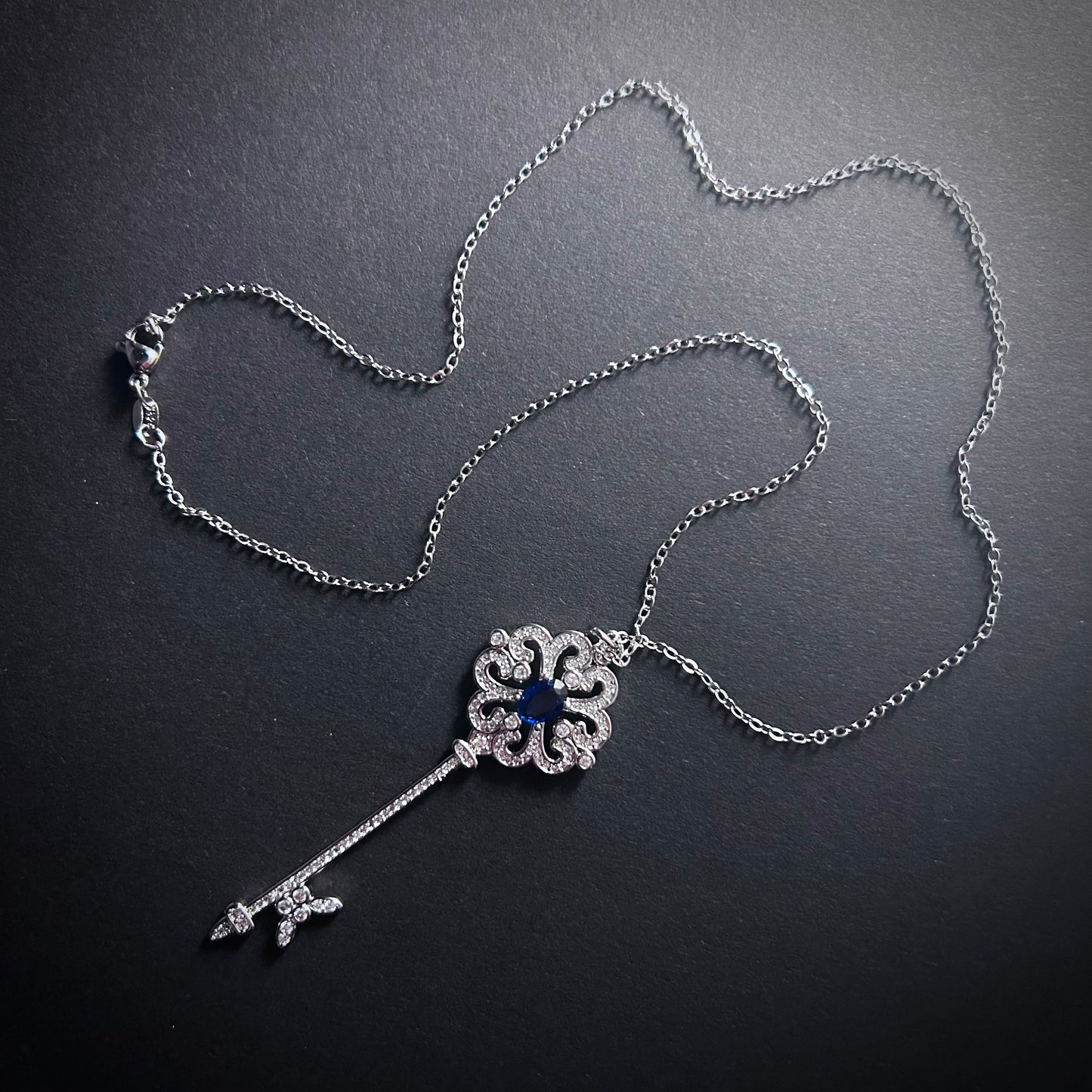 Key Pendant Necklace in Sapphire Blue & Silver