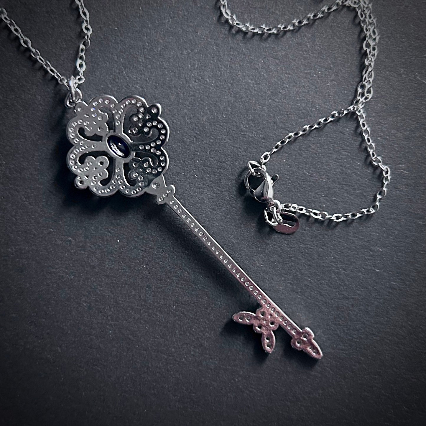 Key Pendant Necklace in Sapphire Blue & Silver