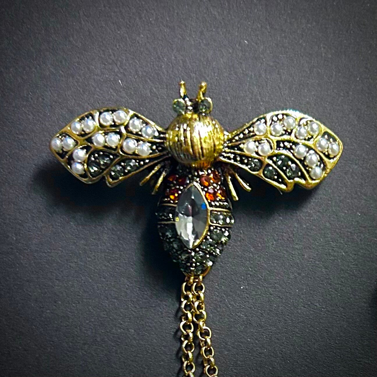 Bee Grey Rhinestone and Pearl Antiqued Gold Brooch with Chain Connector