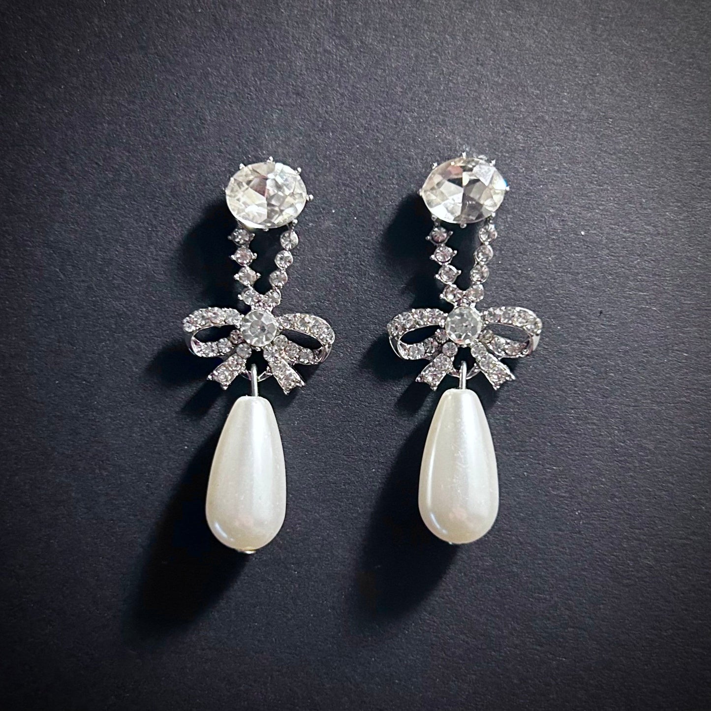 Rhinestone Bow & White Pearl Earrings