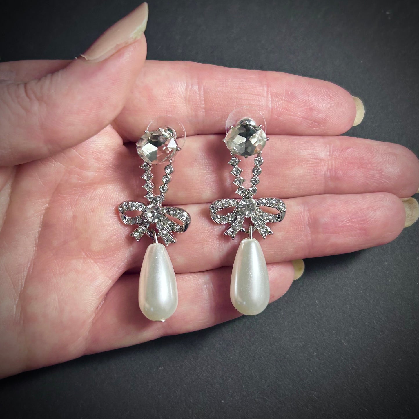 Rhinestone Bow & White Pearl Earrings