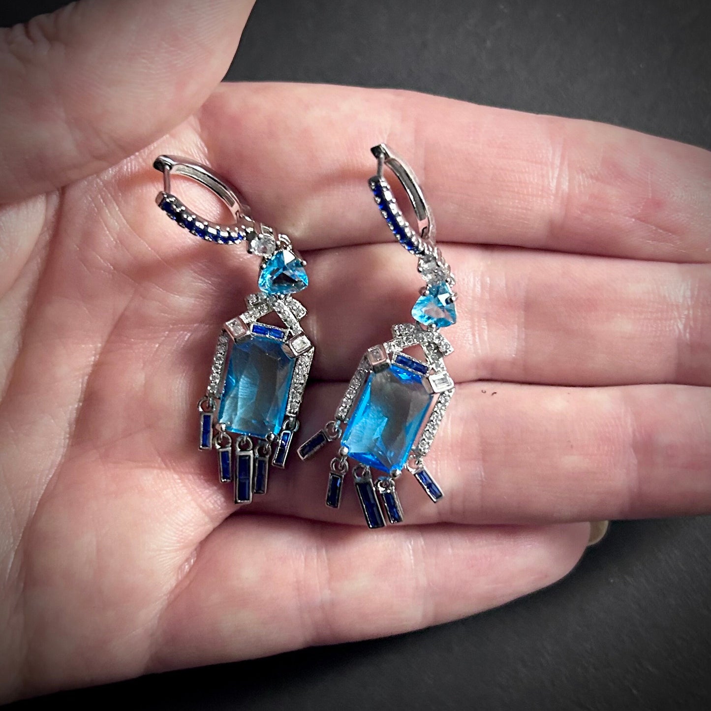 Art Deco Earrings in Aquamarine, Sapphire & Silver