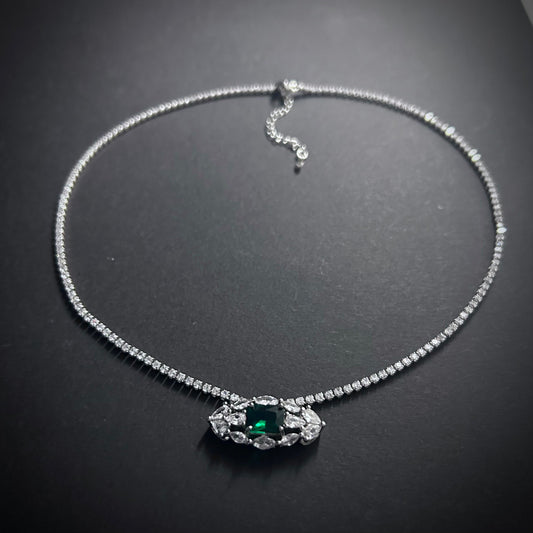 Emerald, Silver & Clear Pavéd Chain Choker Necklace