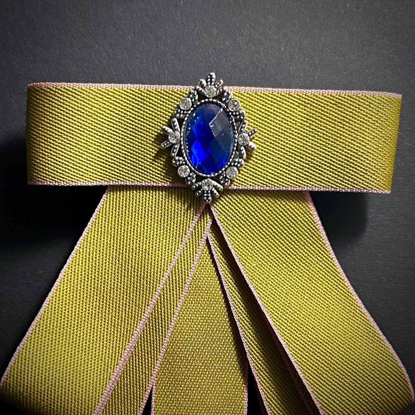 Olive Green Grosgrain Ribbon & Blue Crystal Pre-Tied Bow Brooch