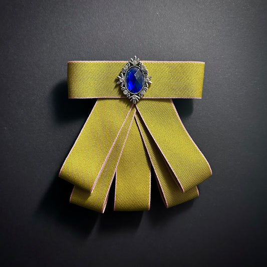 Olive Green Grosgrain Ribbon & Blue Crystal Pre-Tied Bow Brooch