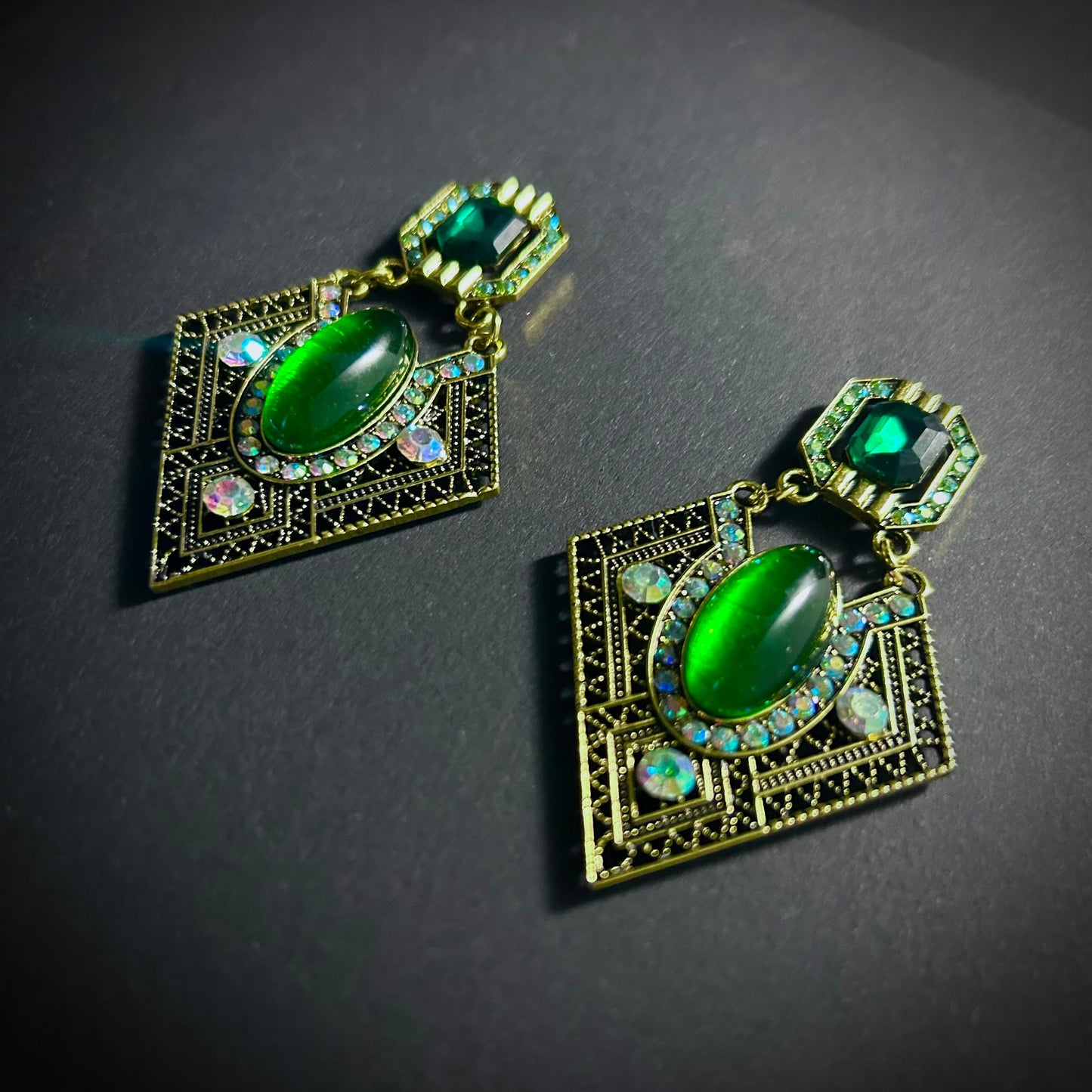 Emerald & Gold Geometric Filigree & Rhinestone Earrings