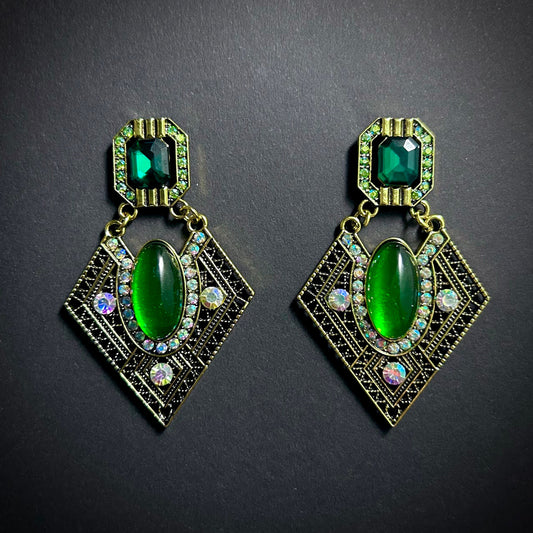 Emerald & Gold Geometric Filigree & Rhinestone Earrings