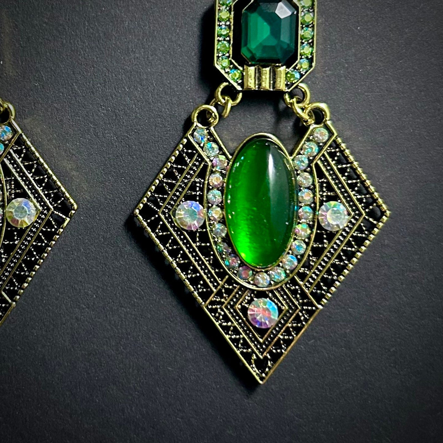 Emerald & Gold Geometric Filigree & Rhinestone Earrings