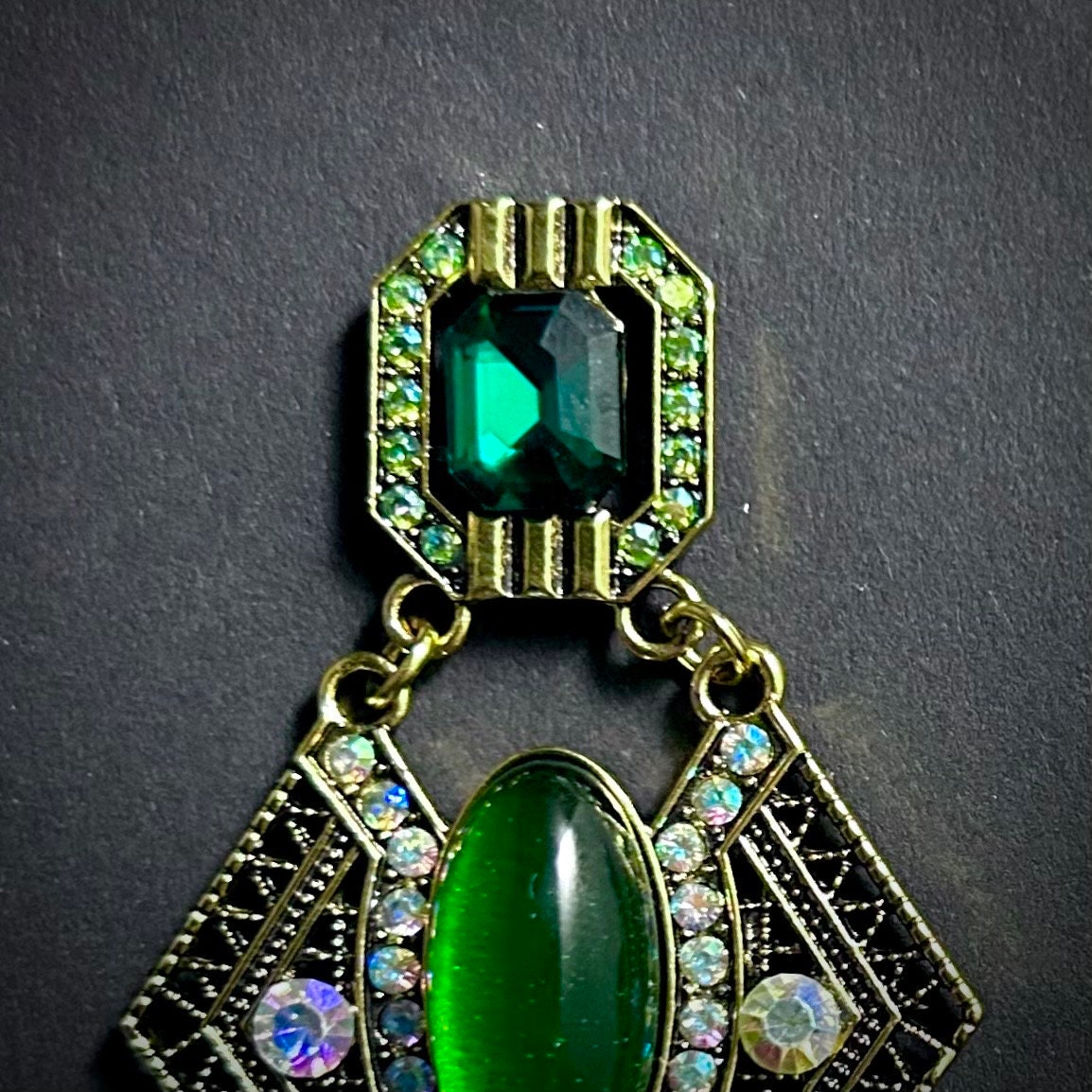 Emerald & Gold Geometric Filigree & Rhinestone Earrings