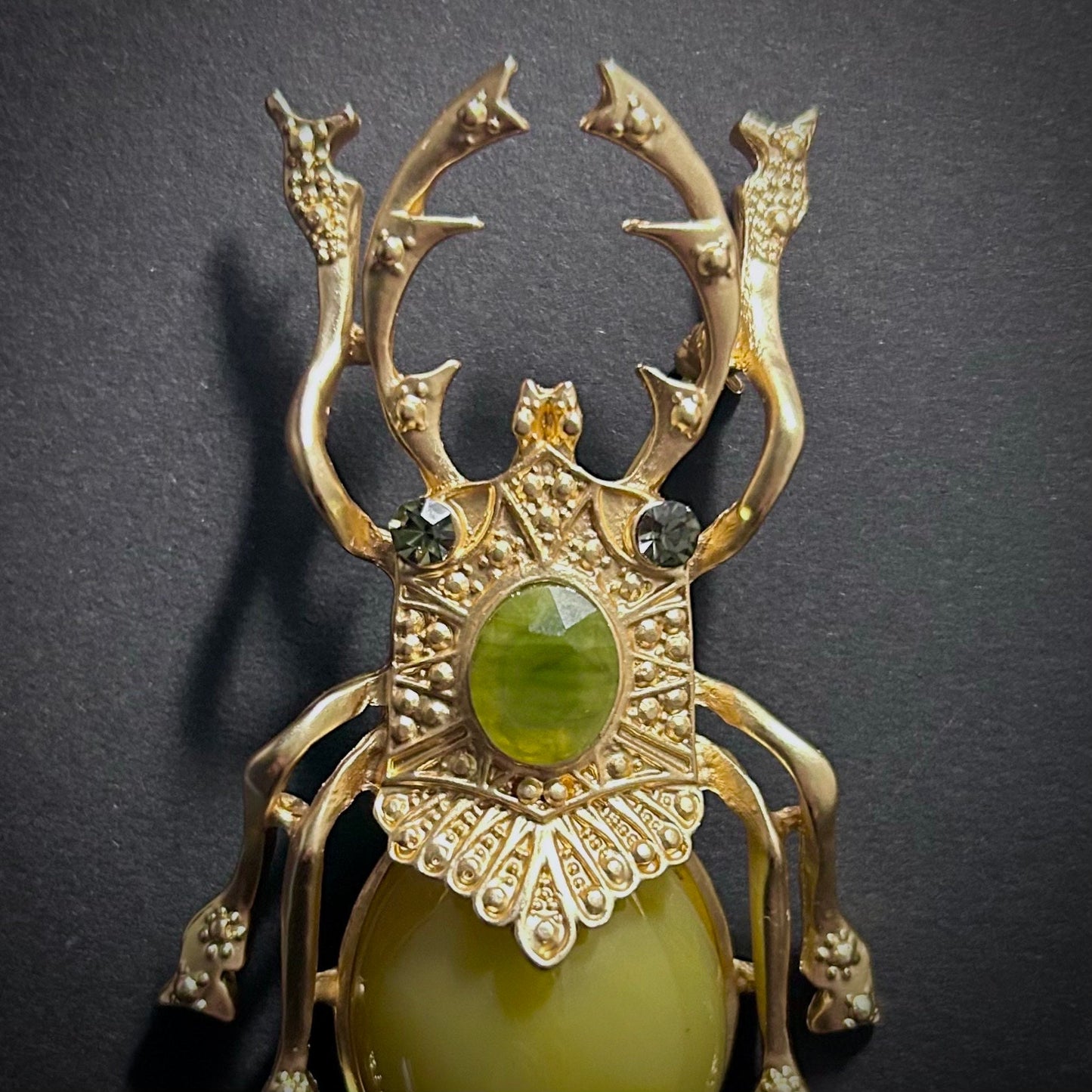 Gold Big Beetle Olive Resin Brooch