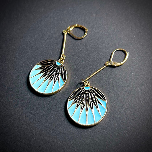 Art Nouveau Black & Light Blue Enameled Coin Earrings