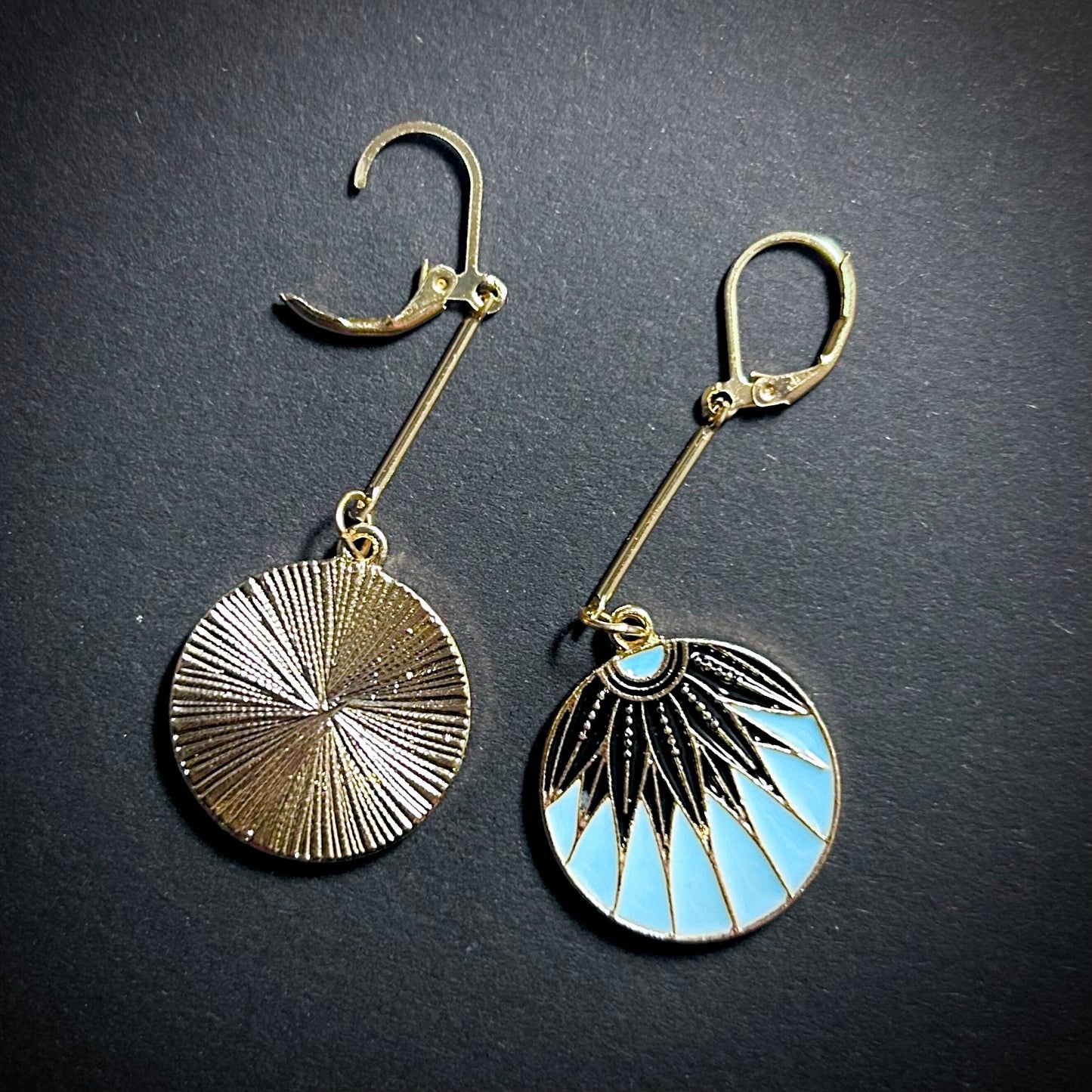 Art Nouveau Black & Light Blue Enameled Coin Earrings