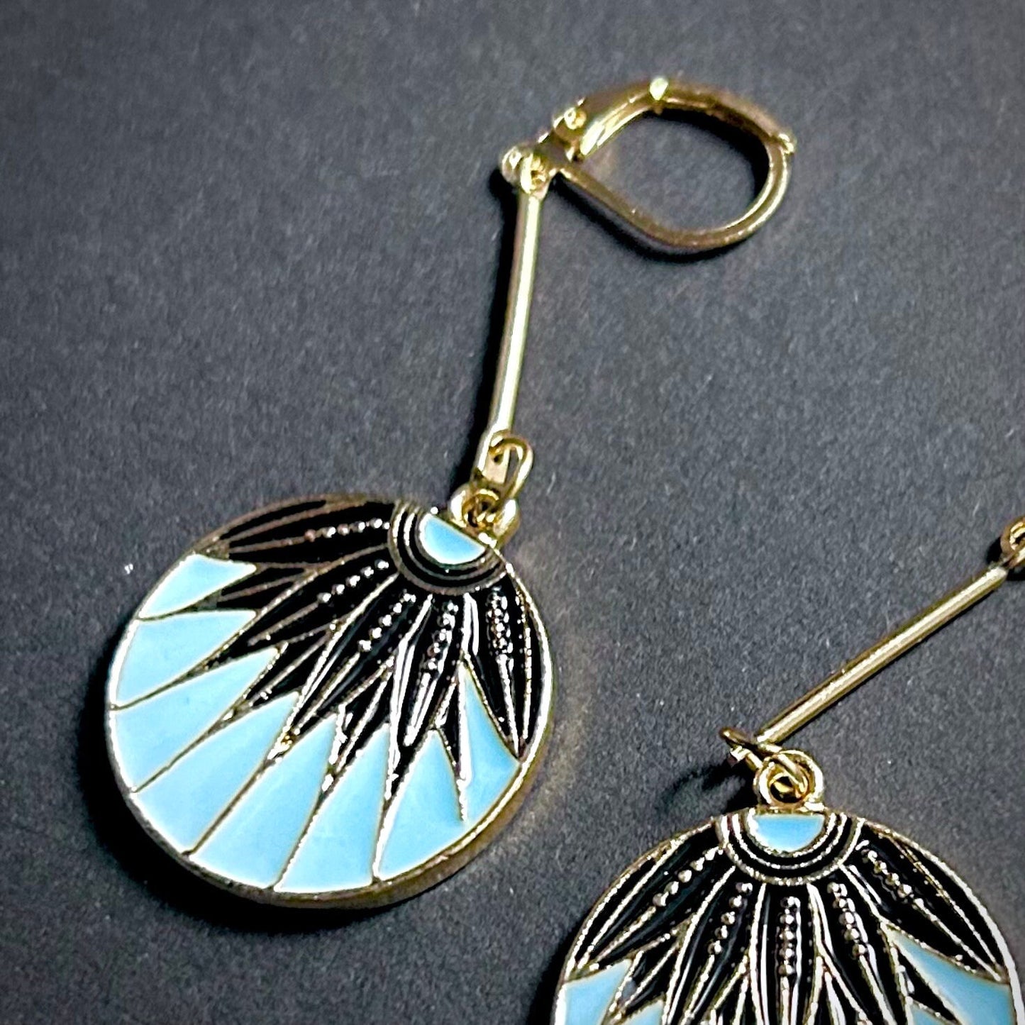 Art Nouveau Black & Light Blue Enameled Coin Earrings