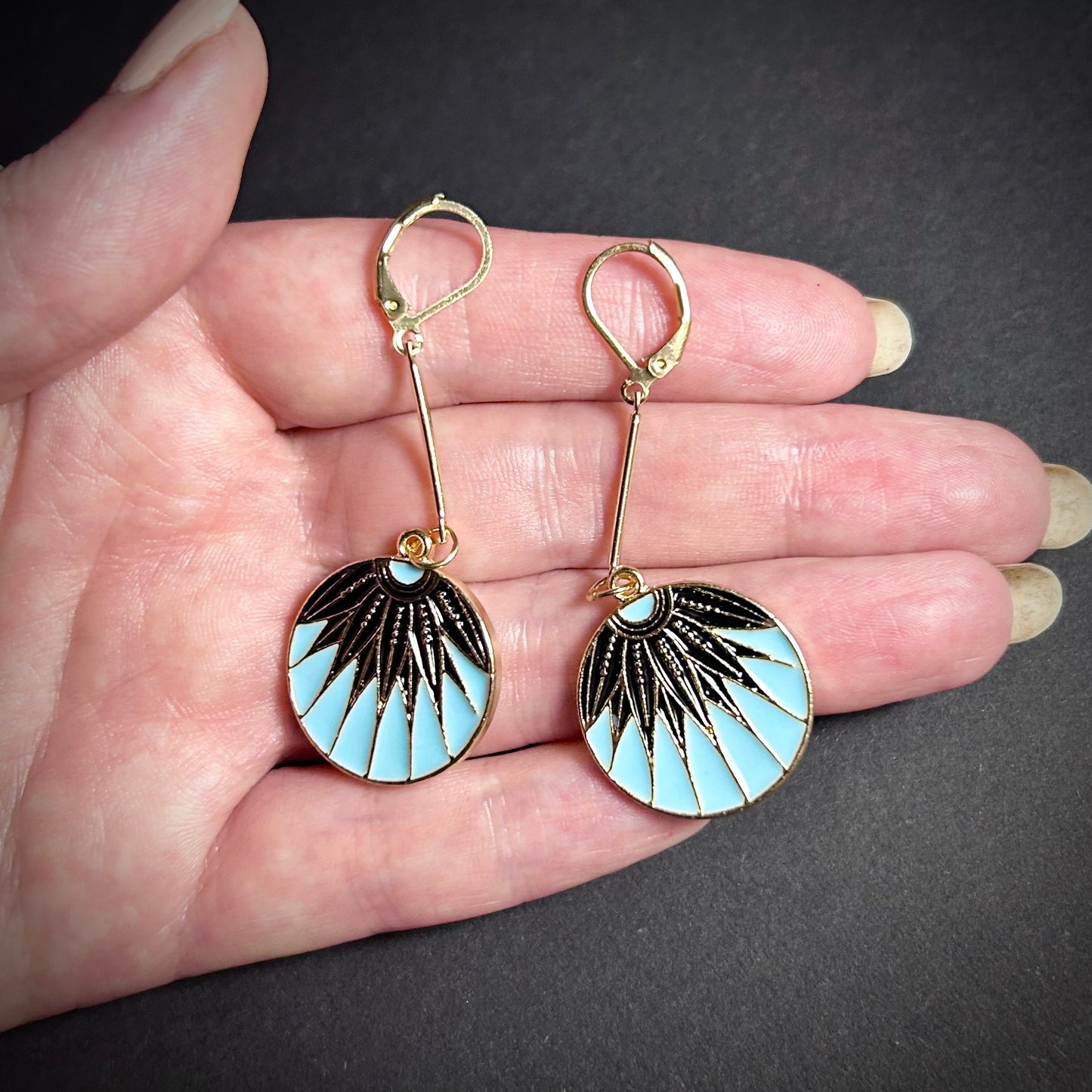 Art Nouveau Black & Light Blue Enameled Coin Earrings