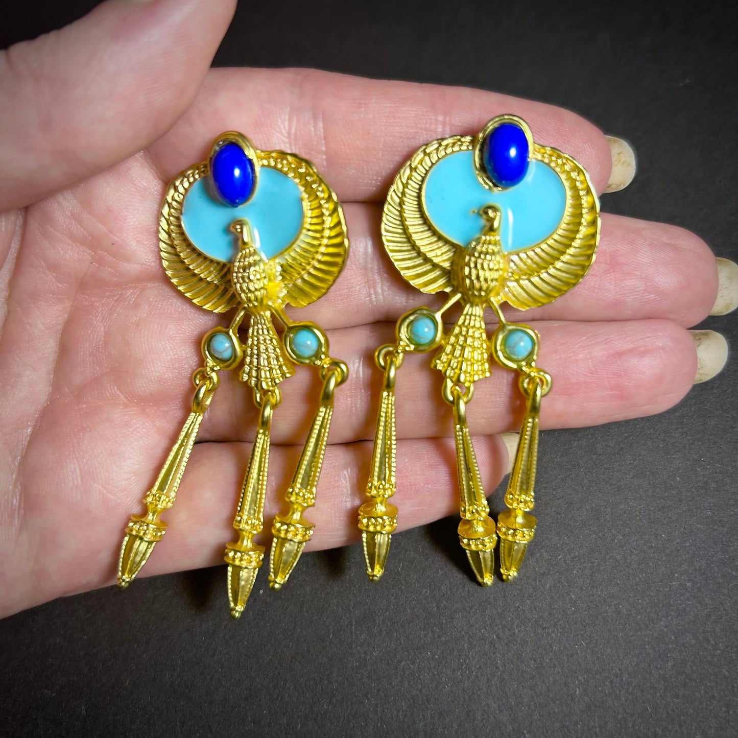 Eagle & Turquoise Enamel Gold Chandlier Earrings