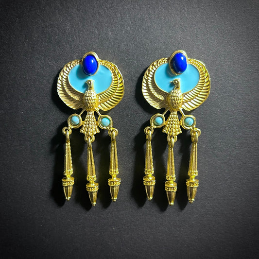 Eagle & Turquoise Enamel Gold Chandlier Earrings