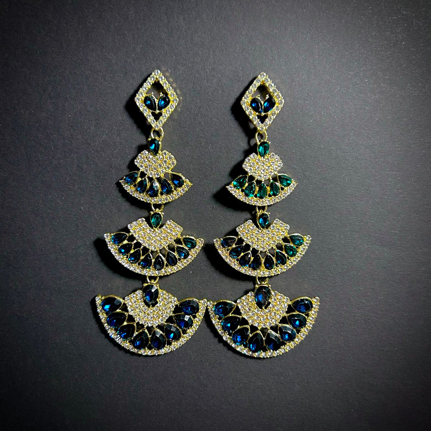 Emerald & Gold Multi-Level Fan Earrings