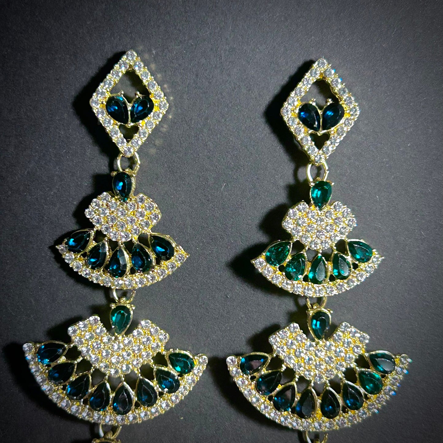 Emerald & Gold Multi-Level Fan Earrings