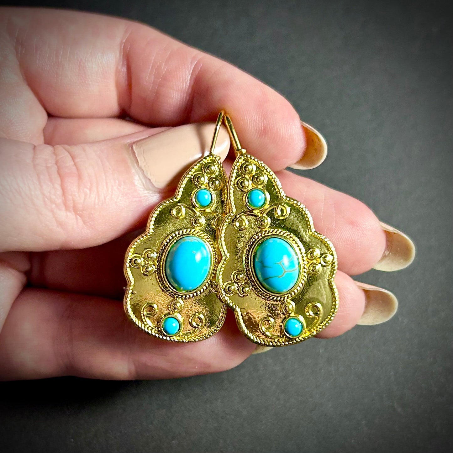 Ornate Gold & Turquoise Stone Hook Earrings