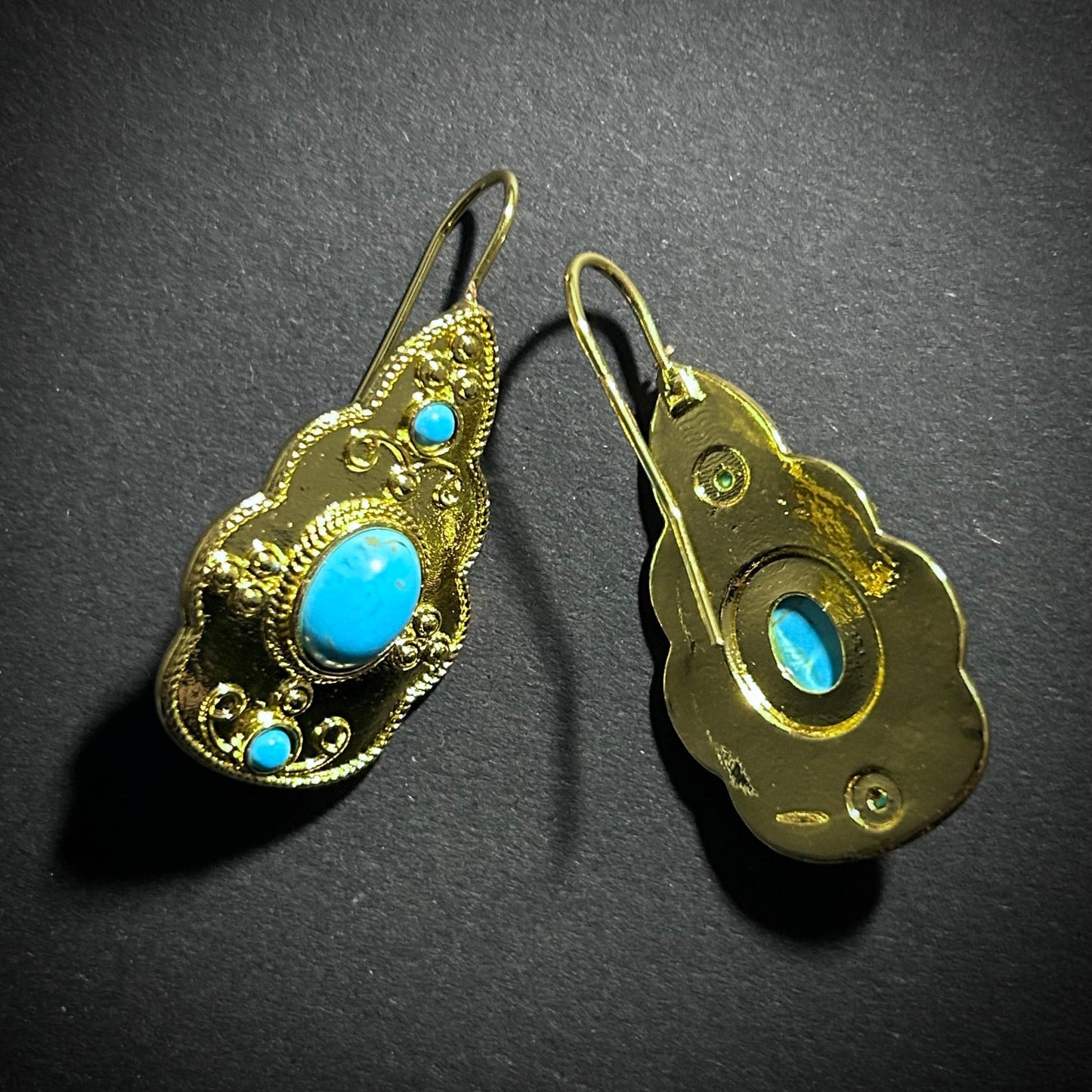 Ornate Gold & Turquoise Stone Hook Earrings