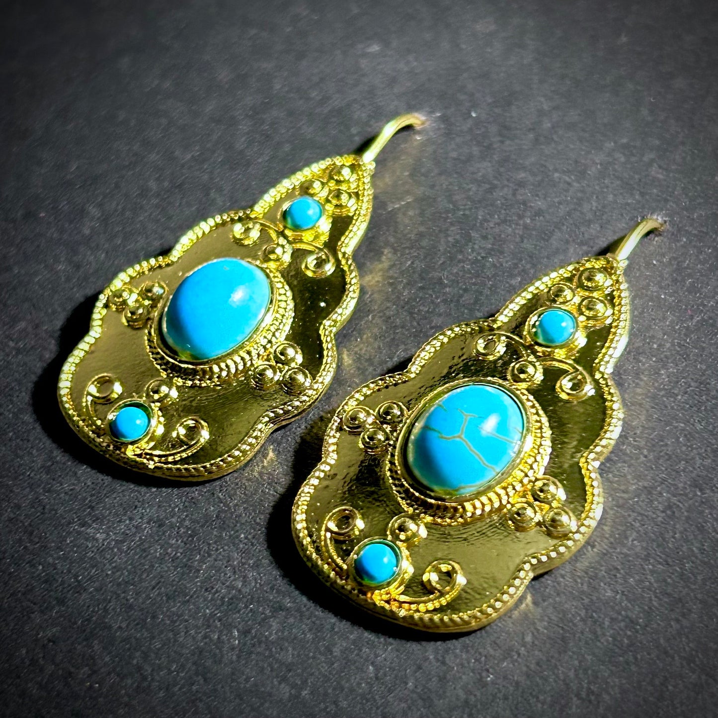 Ornate Gold & Turquoise Stone Hook Earrings