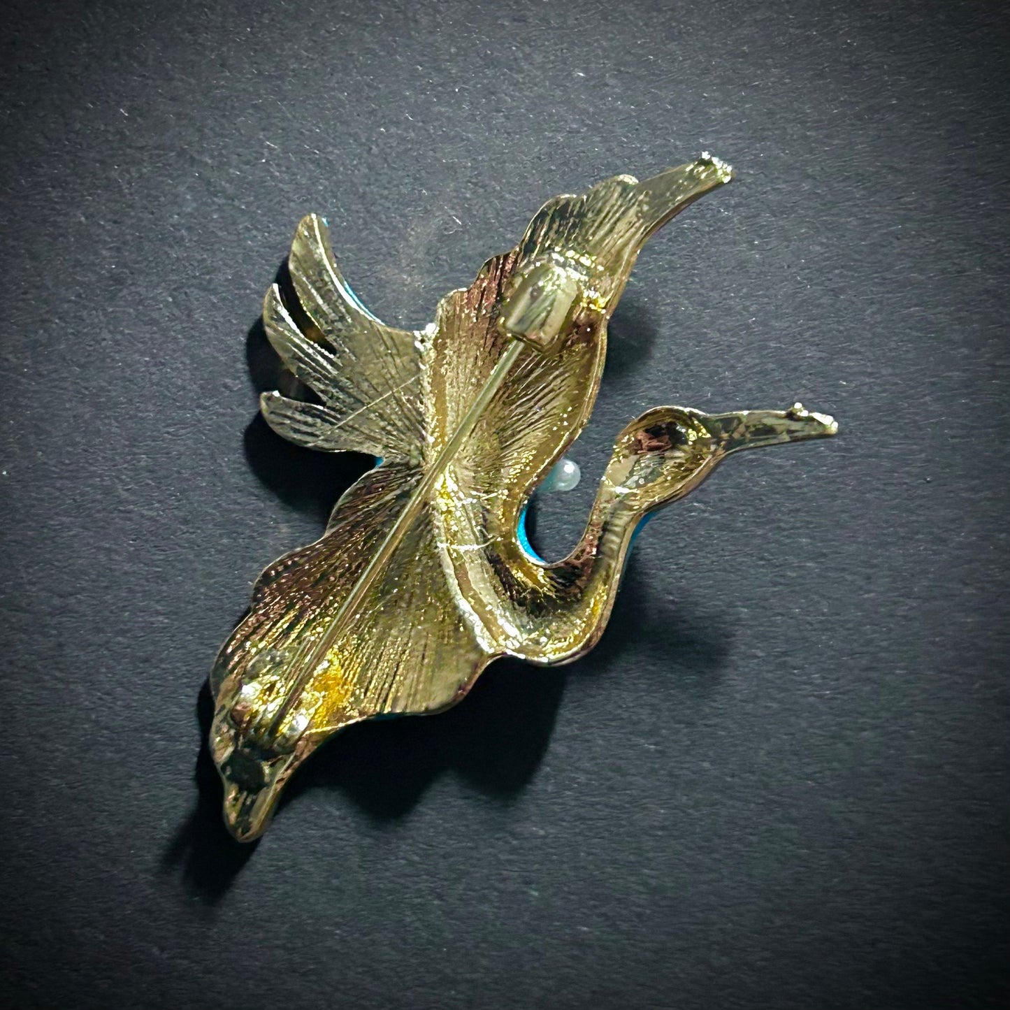 Flying Crane Turquoise Enamel & White Pearl Brooch