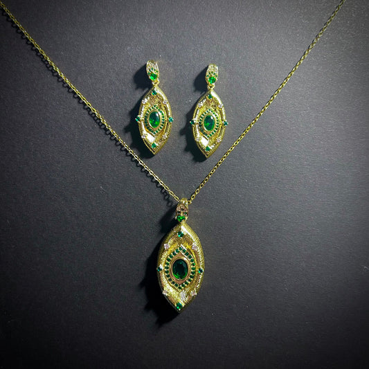 Etched Gold & Emerald Rhinestone Jewelry Set