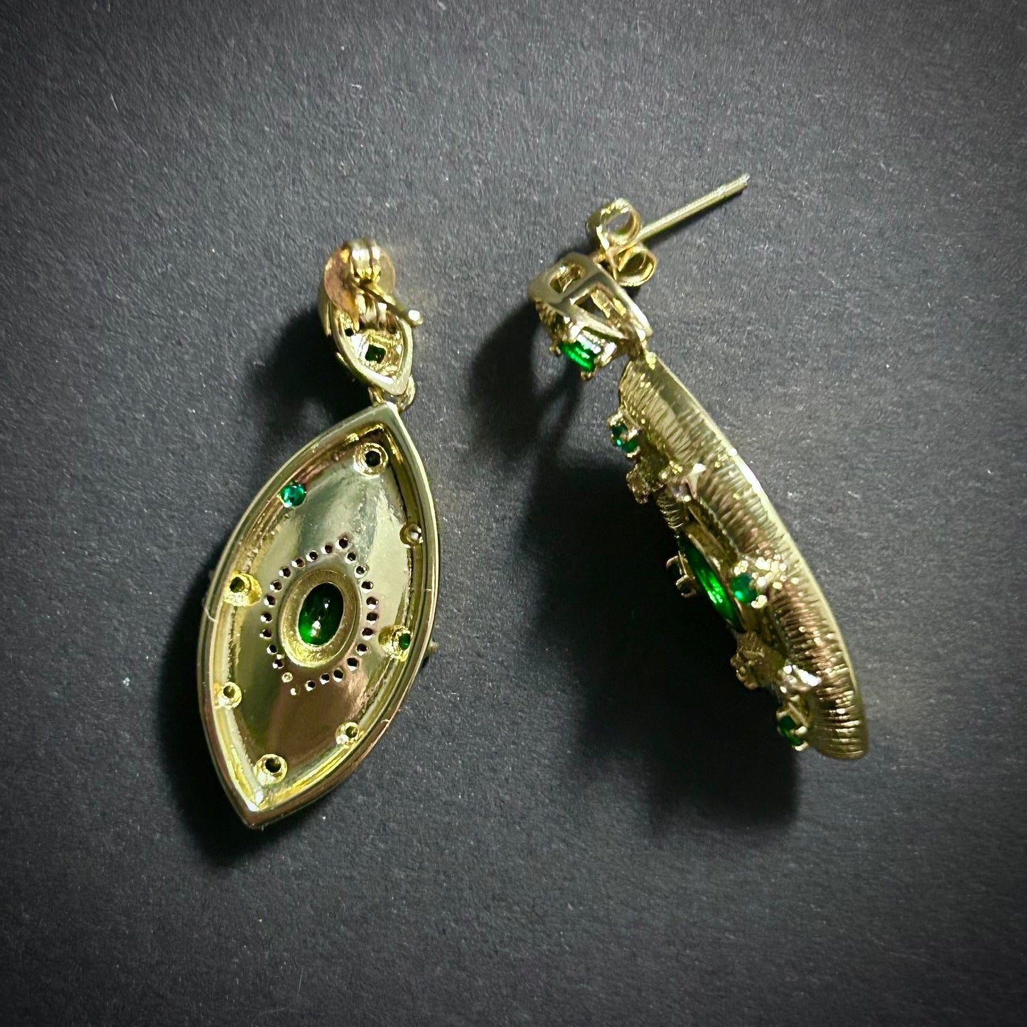 Etched Gold & Emerald Rhinestone Stud Earrings