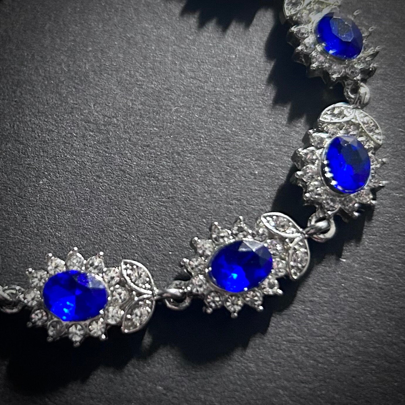 Sapphire & Silver Flower Rhinestone Tennis Bracelet