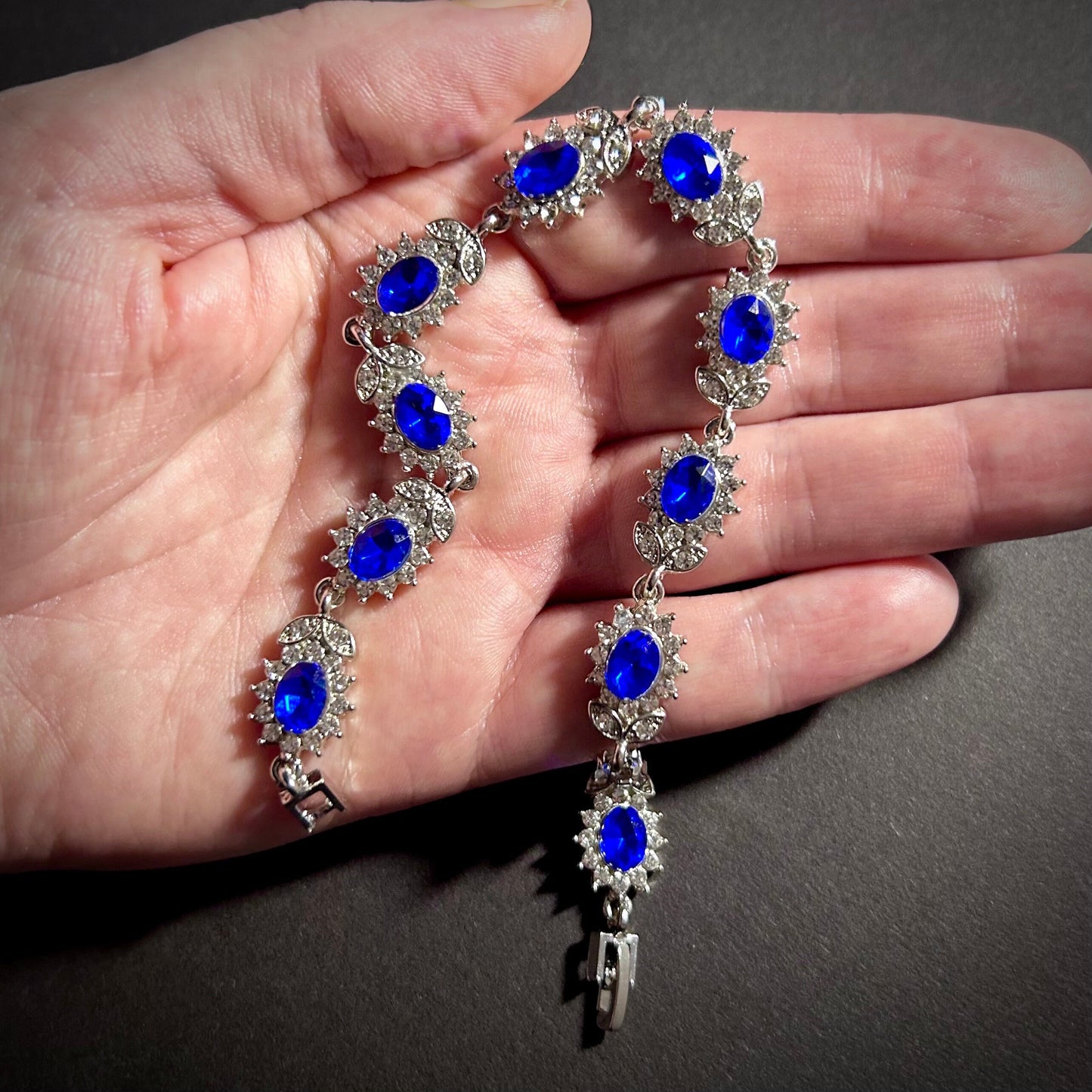 Sapphire & Silver Flower Rhinestone Tennis Bracelet