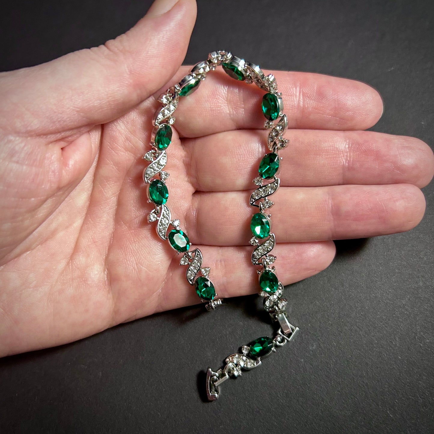 Emerald & Silver Vine Rhinestone Dainty Tennis Bracelet