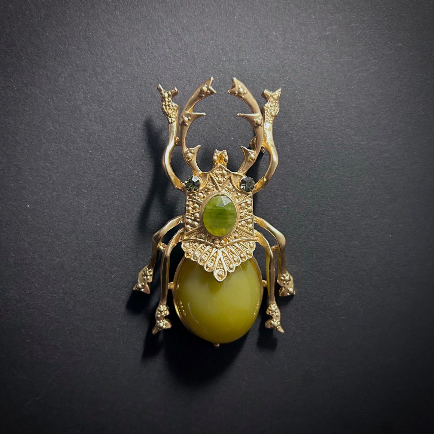 Gold Big Beetle Olive Resin Brooch