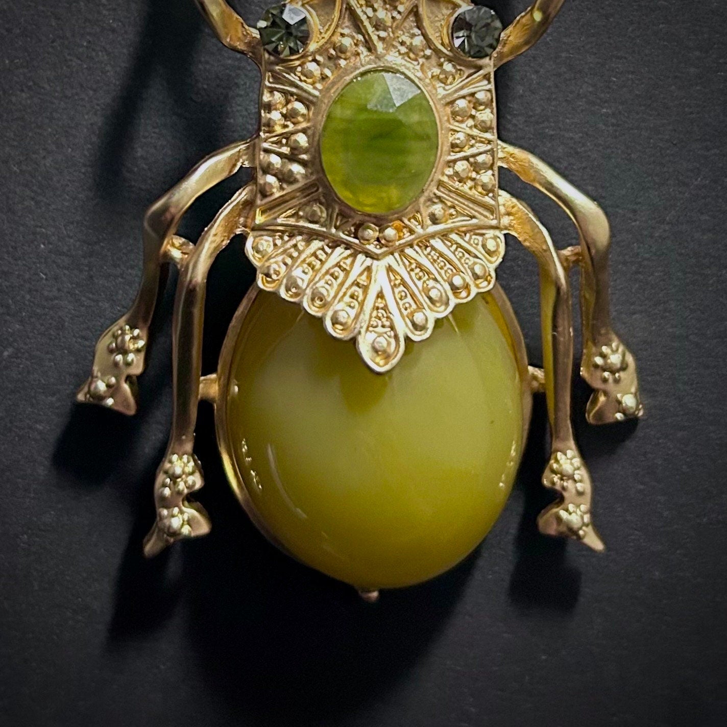 Gold Big Beetle Olive Resin Brooch