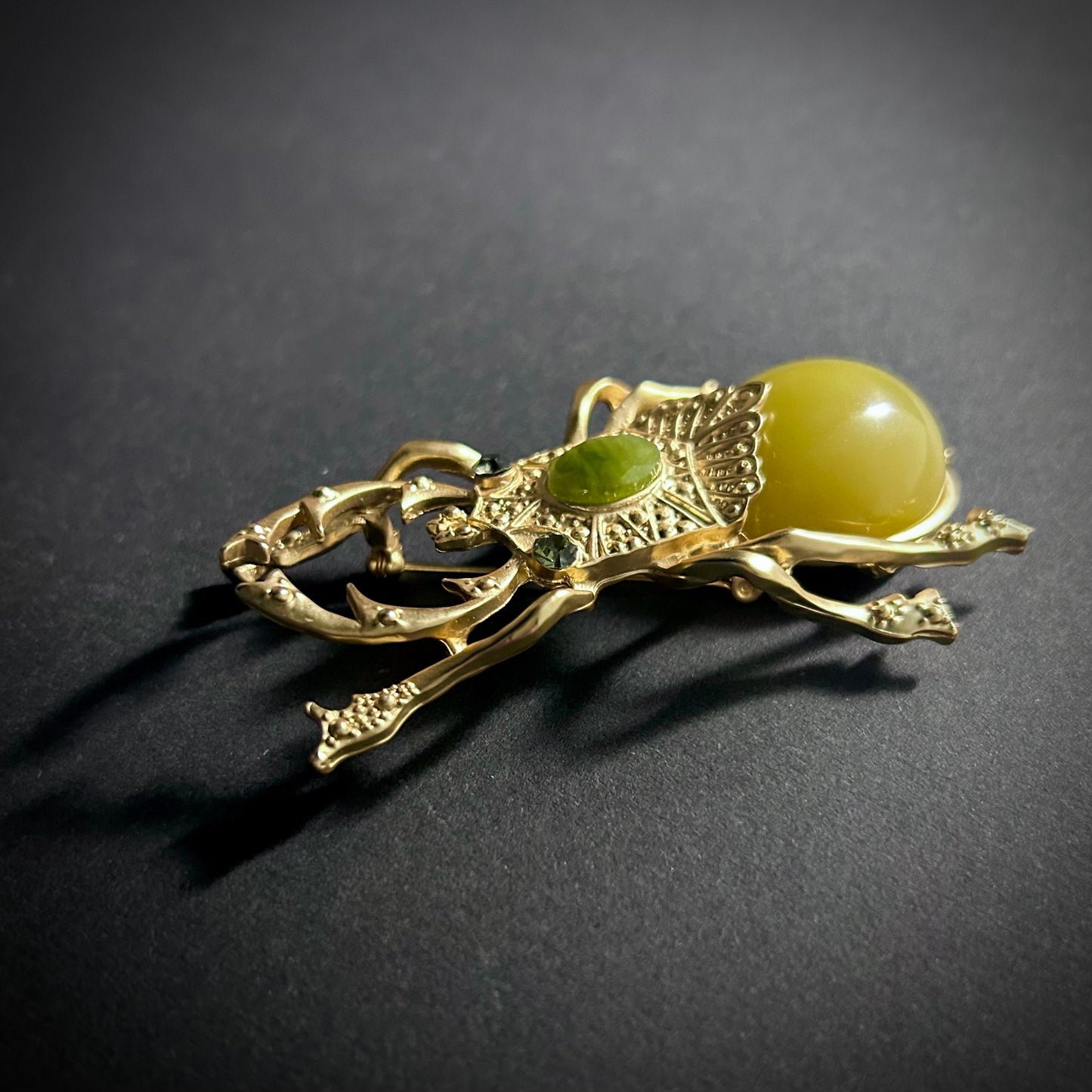 Gold Big Beetle Olive Resin Brooch